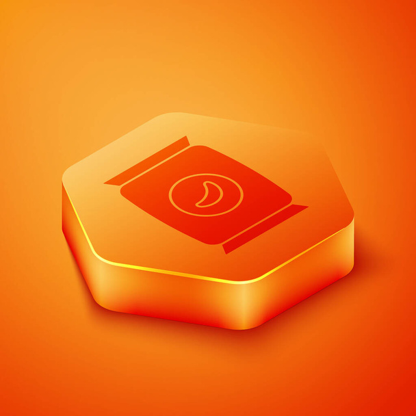 Izometrikus zacskó vagy csomag burgonyaszirom ikon izolált narancssárga alapon. Narancssárga hatszög gomb. Vektorillusztráció. - Vektor, kép