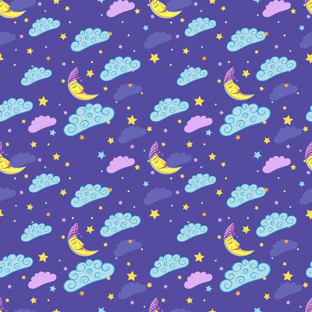 Seamless pattern with cute sleeping moon, stars and clouds. Vector illustration. - Вектор,изображение