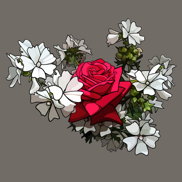Drawn flower arrangement with luxury red rose and white flowers. Vector image - Διάνυσμα, εικόνα