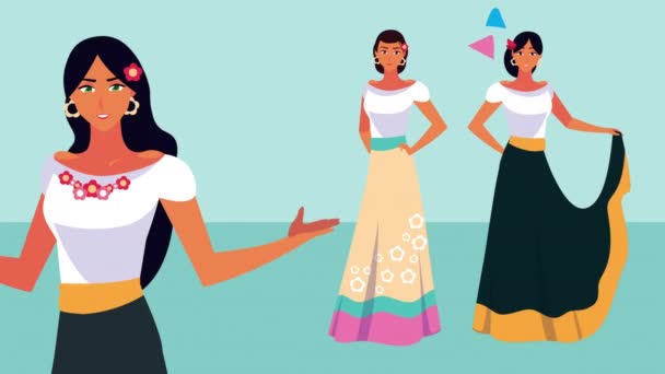 Мехико анимация празднования с мексиканцами женщины танцы и конфетти - Кадры, видео