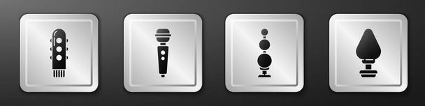 Set Dildo vibrator, Dildo vibrator, Anal beads and Anal plug icon. Silver square button. Vector. - Vetor, Imagem