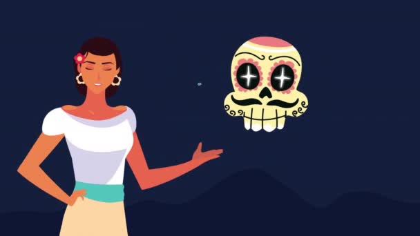 meksykańska animacja uroczystości z piękną kobietą i głowami czaszek - Materiał filmowy, wideo