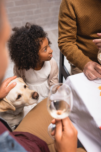 selective focus of man stroking golden retriever and holding glass of white wine during thanksgiving dinner - Photo, Image