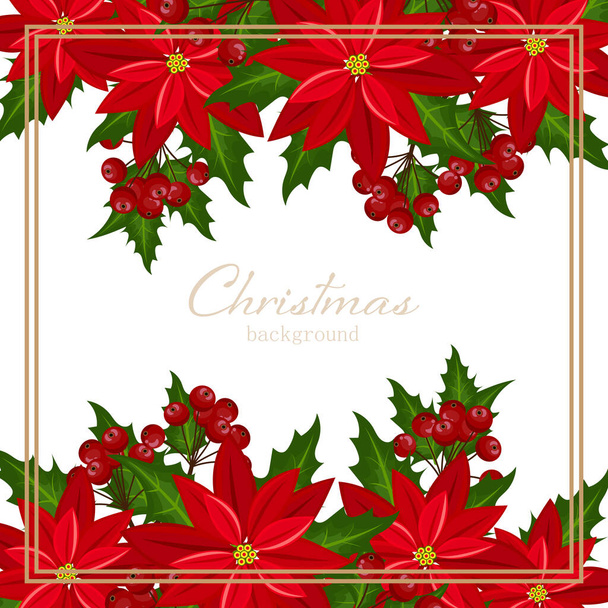 Christmas holiday season background of red poinsettia, Christmas flower and holly berries branches with gold frame on white background with your copy space. Design for winter holidays greeting card or party invitation. Vector illustration. - Vector, Image