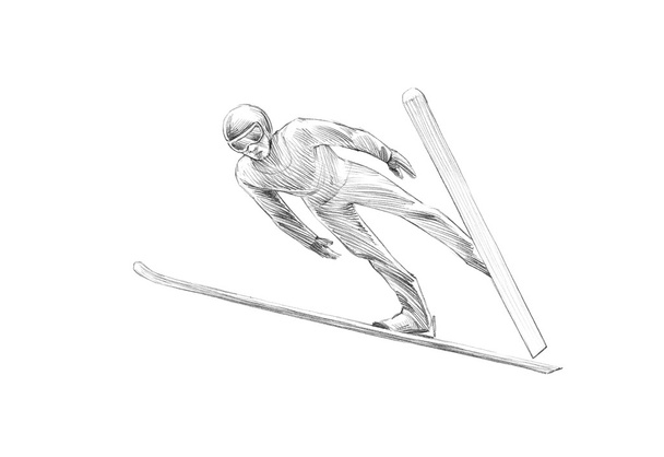 Dibujo dibujado a mano lápiz ilustración de puente de esquí de aire medio
 - Foto, Imagen