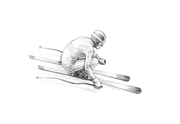 odręcznego szkicu ołówkiem ilustracja narciarz alpejski - Zdjęcie, obraz