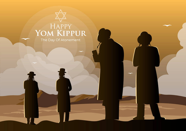 Una ilustración de judíos ortodoxos realizan una oración judía llamada Tashlich un día antes de Yom Kippur  - Vector, Imagen