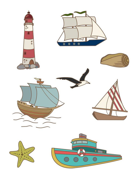 Set of boats. Ships. Lighthouse.  - Фото, изображение