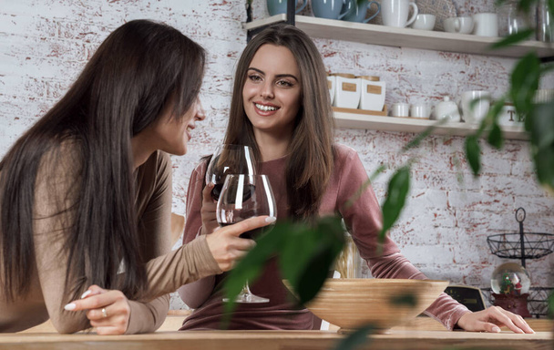 Δύο όμορφα κορίτσια πίνουν ένα ποτήρι κόκκινο κρασί στην κουζίνα. - Φωτογραφία, εικόνα
