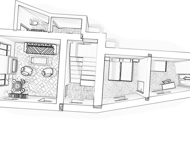 3階の計画。黒い白い床の計画。フロアプラン。ホームスペース。不動産の計画。青写真だ。マーケティングのためのフロアプラン - 写真・画像