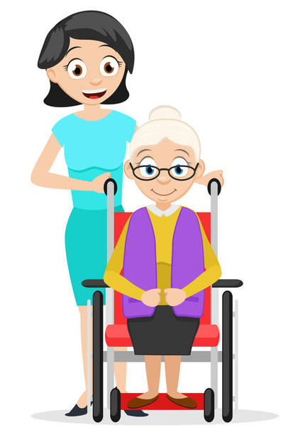 Hoitaja ja isoäiti pyörätuolissa. Merkki - Vektori, kuva