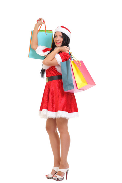 Christmas, gift. Happy woman with shopping bags. - Zdjęcie, obraz