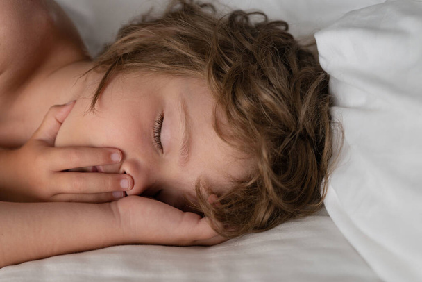 Adorable kids sleeping in bed at home. Healthy peaceful sleep. - Photo, image