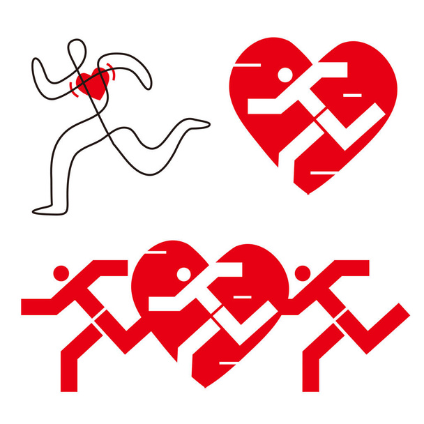 Hardlopen voor een gezond hart.Drie Illustraties van gestileerde hardlopers met hartpictogram. Beschikbare vector.  - Vector, afbeelding
