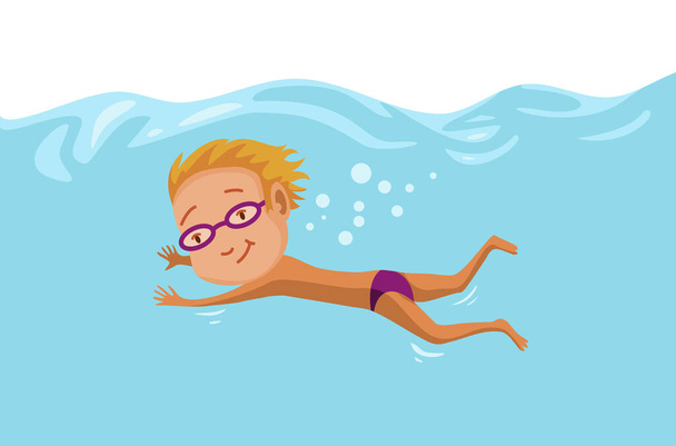 Дети плавают в бассейне. Веселый и активный маленький мальчик плавает в бассейне. Мальчик в купальниках плавает в детском бассейне. Под водой - Вектор,изображение
