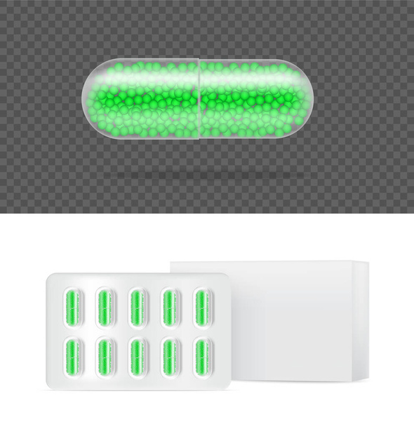 Mock up Realistic Transparent Pill Medicine Capsule Panel con caja sobre fondo blanco Vector Illustration. Tabletas Concepto Médico y de Salud. - Vector, imagen