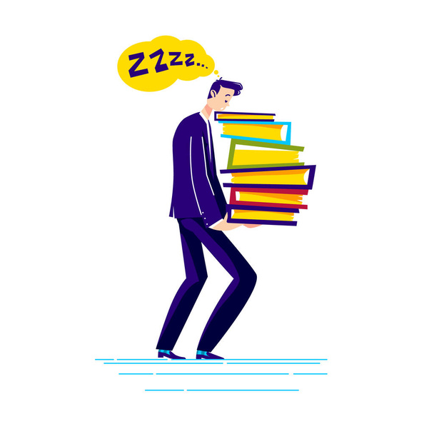 Tired businessman holding pile of document folders exhausted and overloaded - Vector, Image