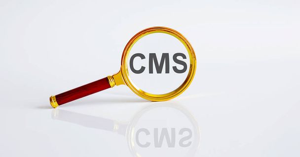 Μεγεθυντικό με κείμενο CMS σε λευκό φόντο - Φωτογραφία, εικόνα