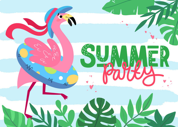 Greeting card with flamingo and lettering Summer party. - Vektor, Bild