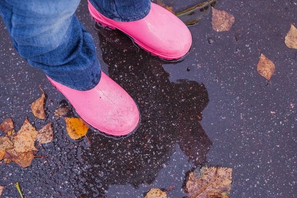 Nogi dziecka w butach przeciwdeszczowych stojące w kałuży. zbliżenie nogi dziewczynki w różowych gumowych butach podczas jesiennego spaceru. Dzieci bawią się na świeżym powietrzu. Wodoodporne buty dla małych - Zdjęcie, obraz