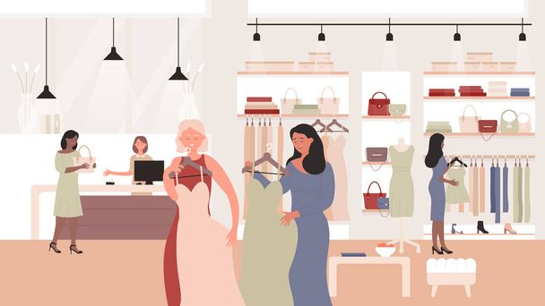 Γυναικείο κατάστημα μόδας, κατάστημα ρούχων επίπεδη διανυσματική απεικόνιση, κινούμενα σχέδια ευτυχισμένη γυναίκα χαρακτήρες στέκεται με νέα φορέματα, ψώνια και την αγορά ρούχα φόντο - Διάνυσμα, εικόνα