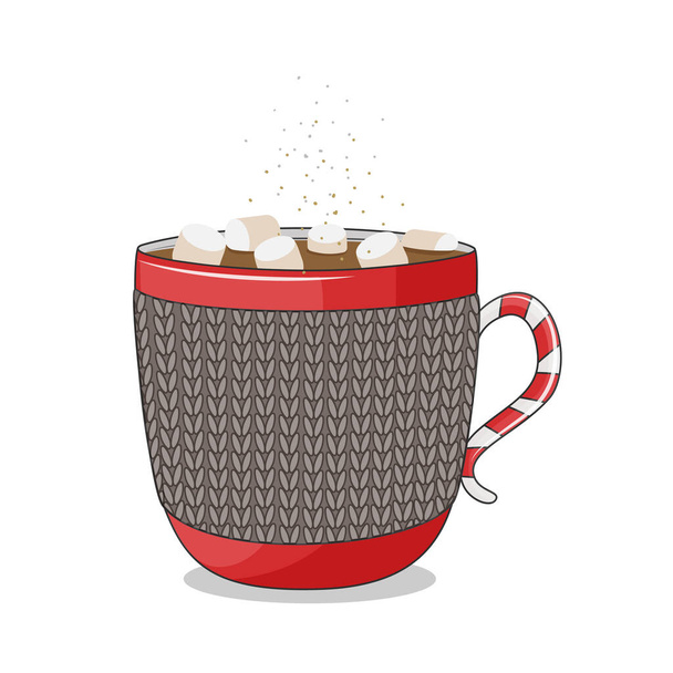 Christmas red cup with hot chocolate and marshmallows, winter dessert, vector illustration. - Vetor, Imagem