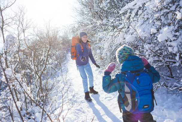 少年は母親と一緒に雪合戦をする。雪の森でひとりの女性が息子と遊ぶ。冬の楽しみ。冬の公園で子供と一緒に歩く女性. - 写真・画像