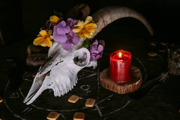 Weißer Ziegenschädel mit Hörnern, Blumen, aufgeschlagenes altes Buch, Kerzen auf dem Hexentisch. Okkultes, Esoterisches, Wahrsagerisches und Zauberhaftes. Halloween, Tag der Toten - Foto, Bild