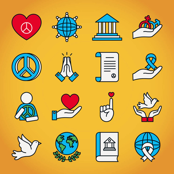 corazones y derechos humanos conjunto de iconos, línea y estilo de relleno - Vector, Imagen