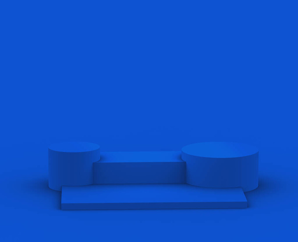 3d blaues Podium modernes minimalistisches Design im Studiohintergrund. Abstrakte 3D-Darstellung geometrischer Formen. Anzeige für Valentin-Produkt. - Foto, Bild