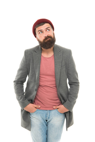 Bearded hipster brutal person. Bully hipster. School of good manners. Tips and tricks handsome man. Fashionable hipster man. Bearded and handsome. Self improvement concept. Carefree hipster - 写真・画像