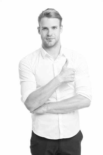 Just awesome. Guy shows thumbs up gesture. Excellent quality. Man confidently highly recommend white background. Guy with bristle recommend. Man shop consultant confident and hospitable. Good job - Valokuva, kuva
