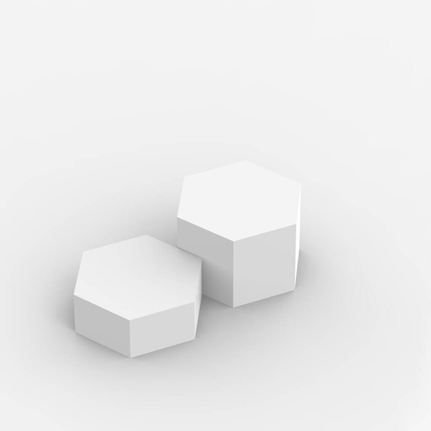 3Dホワイトグレー六角形の表彰台最小限のスタジオの背景。概要3D形状オブジェクトイラストレンダリング。化粧品や美容ファッション製品の表示. - 写真・画像