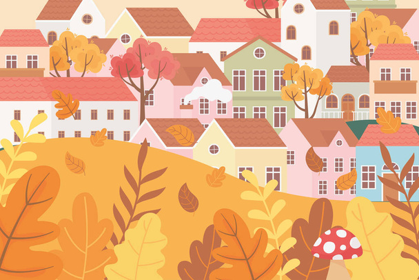 landscape in autumn nature scene, cartoon village houses mushroom leaves branches foliage - Vecteur, image