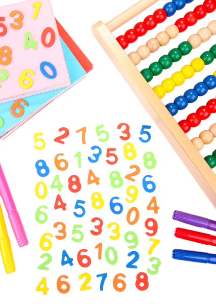 Colorful numbers, abacus, books and markers, isolated on white - Foto, Imagem