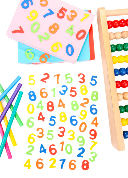 Colorful numbers, abacus, books and markers, isolated on white - Foto, imagen