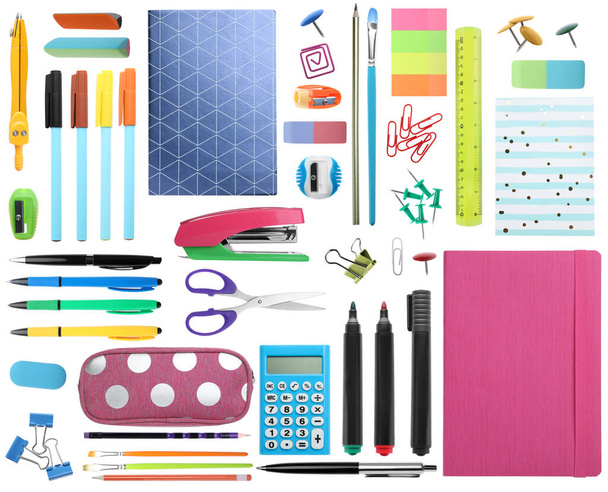 Set of bright school stationery on white background - Foto, afbeelding