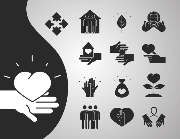 gemeenschap samen liefdadigheid donatie en liefde, silhouet pictogrammen ingesteld - Vector, afbeelding