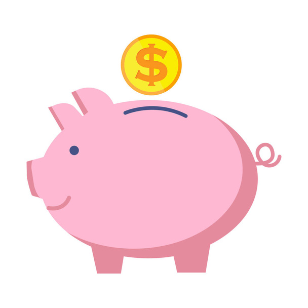 Pig bank for coins. Piggy to save money. Pink gold vault. Vector illustration. Stock image. - Vector, imagen