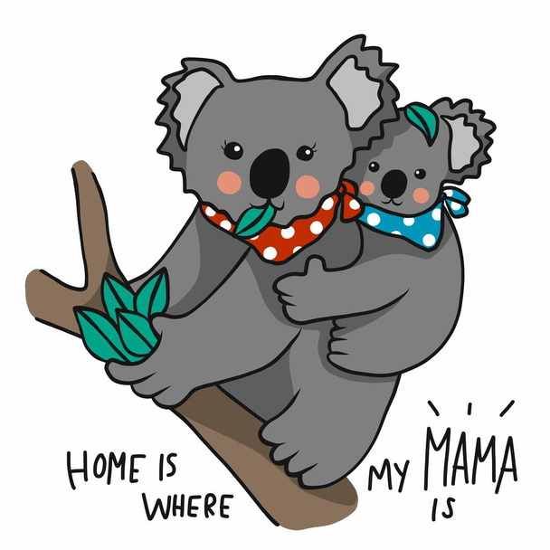 Casa es donde está mi mamá, Madre y bebé koala ilustración vector de dibujos animados - Vector, imagen