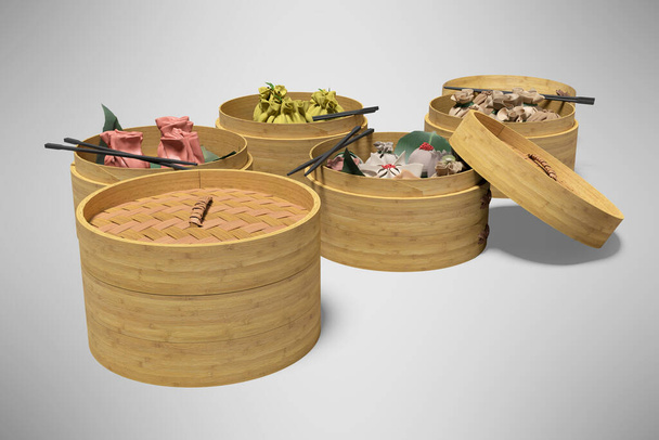 Concepto de plato chino Dim Sum renderizado 3D aislado sobre fondo gris con sombra - Foto, imagen