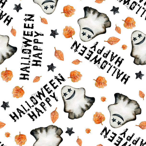 Nahtloses Muster mit Geist und Aufschrift Happy Halloween. Aquarell-Illustration auf weißem Hintergrund. Design für Postkarte, Verpackung, Verpackung, Tapete, Einladung, Gratulation - Foto, Bild
