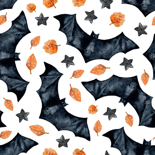Padrão sem costura com um morcego e folhas de outono para decoração de férias de Halloween. ilustração aquarela desenhada à mão isolado no fundo branco. Design para cartões postais, embalagens, invólucros, papel de parede - Foto, Imagem