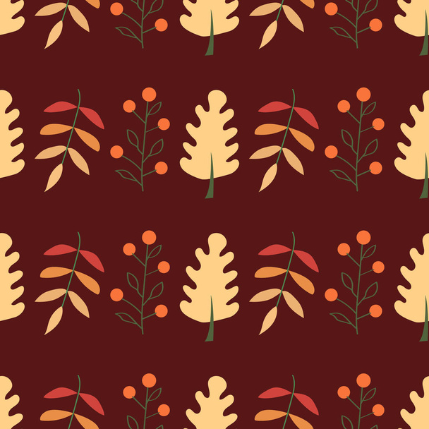 Seamless pattern of leaves on dark brown background. Flat illustration. - Διάνυσμα, εικόνα