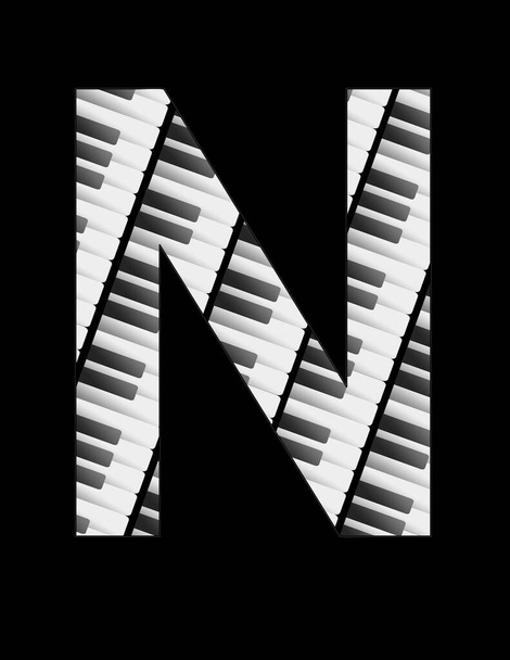 Siyah arkaplanlı N harfini oluşturan bir müzik klavyesinin anahtarlarını gösteren illüstrasyon - Fotoğraf, Görsel