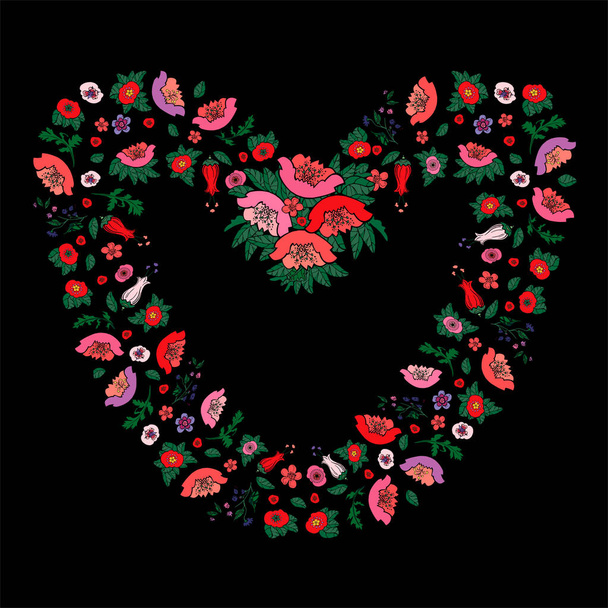 Beautiful heart made of poppies and tulips with empty space for text isolated on black background. Vector illustration - Vecteur, image