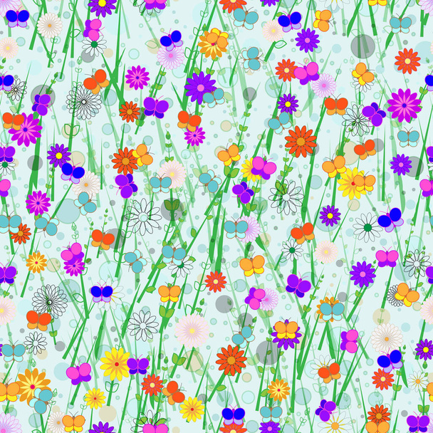 Imagen abstracta vectorial e inconsútil de mariposas, flores y hierba estilizadas sobre un fondo verde claro. Aplicación en Diseño Posible - Vector, imagen
