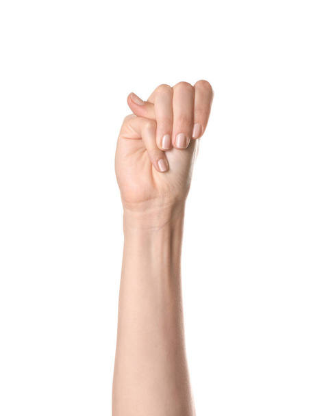 Mano mostrando la letra M sobre fondo blanco. Alfabeto del lenguaje de señas - Foto, Imagen