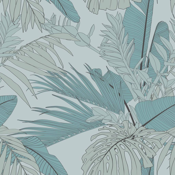 Blaugrüne Linie nahtloses Muster mit skizzenhaften tropischen Palmenblättern. Handgezeichnete Illustration auf Vintage-Hintergrund. - Vektor, Bild