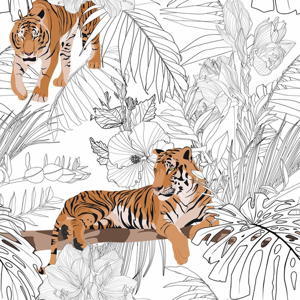 Тропическое животное тигра, пальмовые листья, белый фон. Бесшовный шаблон. Графическая иллюстрация. Экзотические джунгли. Черно-белая цветочная линия.  - Вектор,изображение